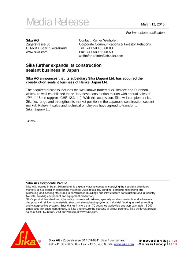 Sika Further Expands its Construction Sealant Business in Japan