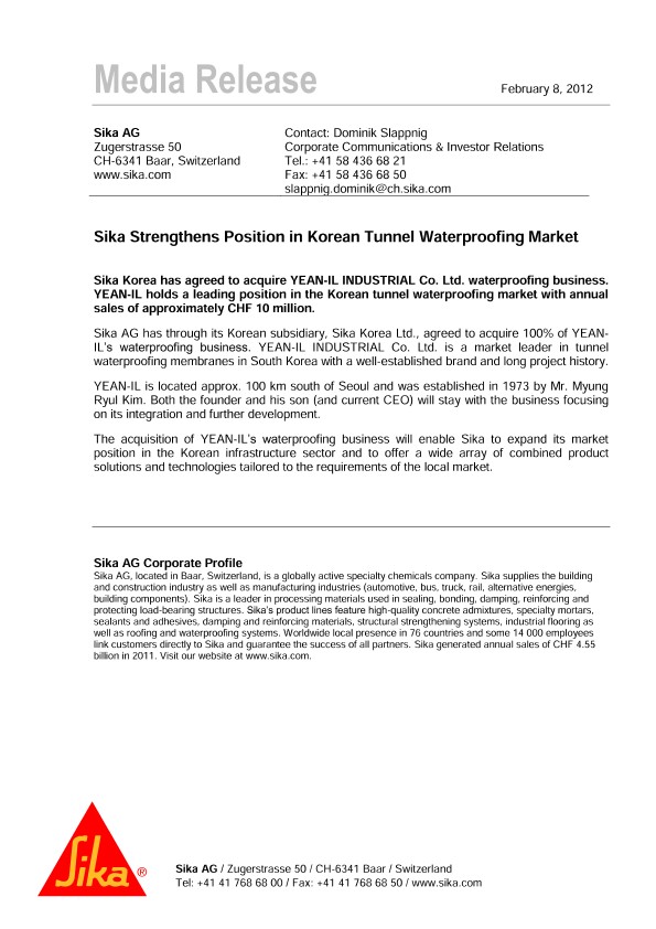 Sika Strengthens Position in Korean Tunnel Waterproofing Market