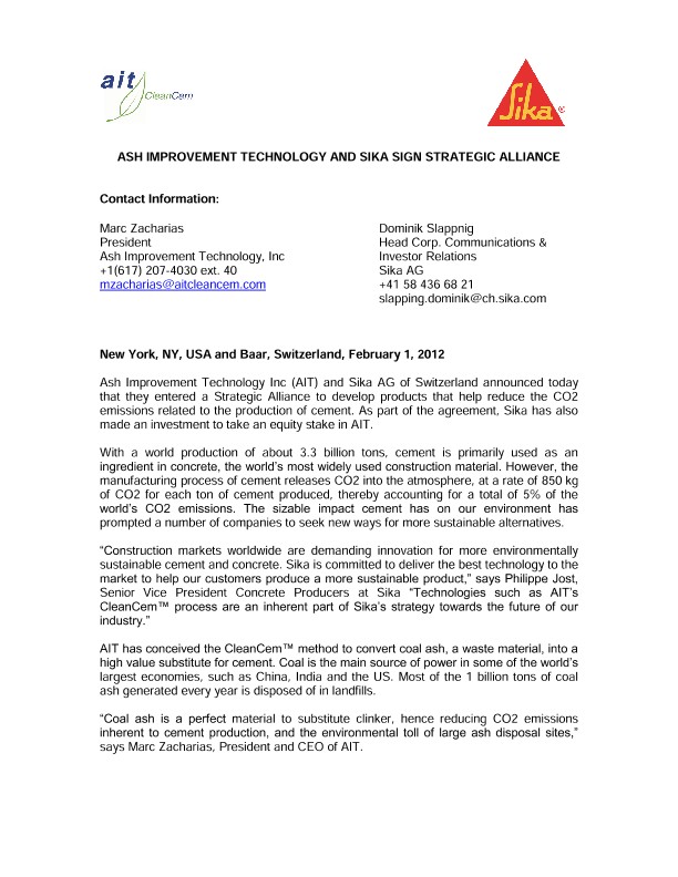 Ash Improvement Technology and Sika Sign Strategic Alliance
